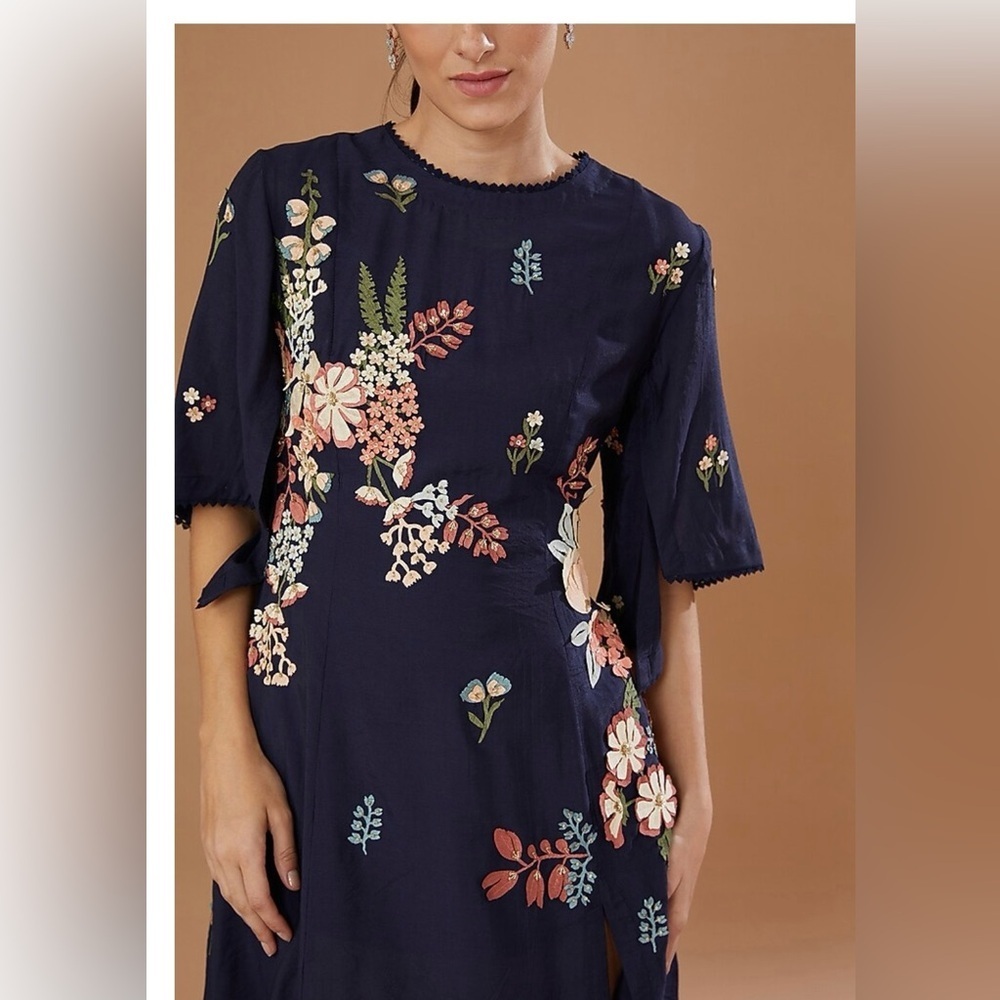 Sahil Kochhar Asymmetrical Navy Blue Chanderi Embroidered Tunic Dress, L - Picture 4 of 7